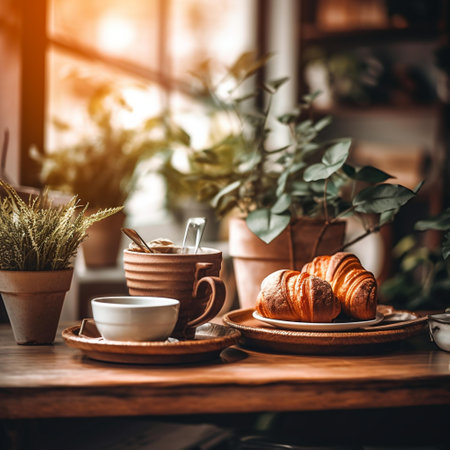 Breakfast with coffee and croissants on table in cafe.の素材