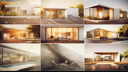 Collage of modern house exterior with swimming pool. 3d renderingの素材