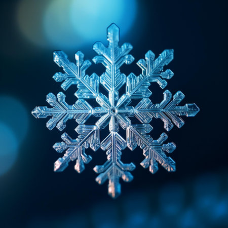 Macro shot of a snowflake on a blue background with a bokeh effectの素材
