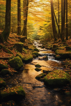 Autumn forest and stream. Colorful trees in autumn forest.の素材