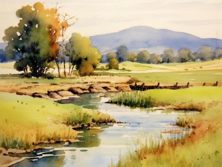 Watercolor landscape with river and forest in the background. Digital painting.の素材