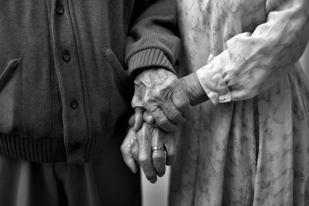 Elderly couple holding hands. Black and white photo. Selective focus.の素材