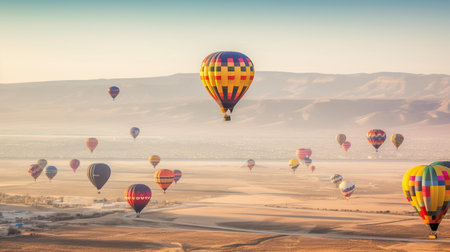 Colorful hot air balloons flying over the Namib desert, Namibiaの素材