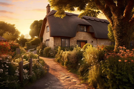 Traditional cottage in the countryside at sunset, England, UK. Vintage style.の素材