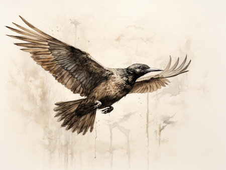 drawing of a crow in flight on a textured background.の素材