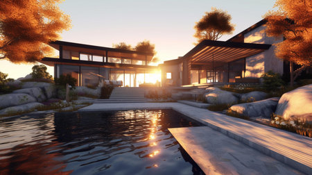 3d rendering of modern cozy house with pool and parking for sale or rent in luxurious style. Sunset in the background.の素材