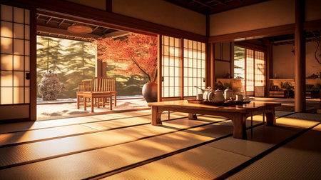 Japanese-style living room with a view of the garden. 3d renderingの素材