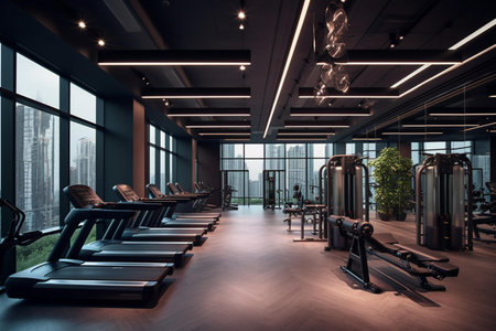 Interior of modern fitness hall with equipment and city view. 3D renderingの素材