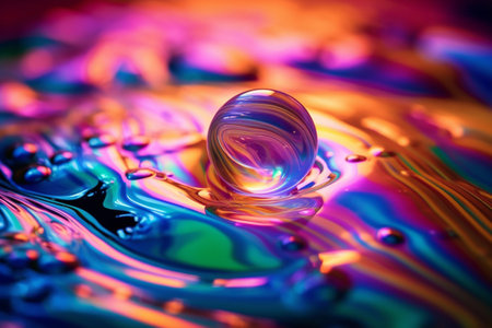 Macro photography of a water droplet with multicolored reflectionsの素材