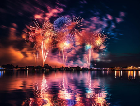 Colorful fireworks of various colors over night sky with reflection on waterの素材