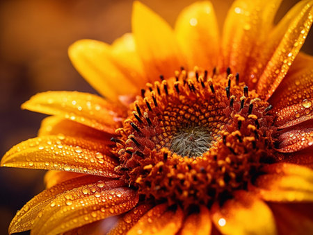 Close up of a sunflower with water drops on the petalsの素材