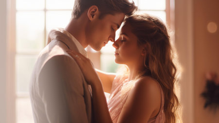 Beautiful young couple in love kissing and embracing each other at homeの素材