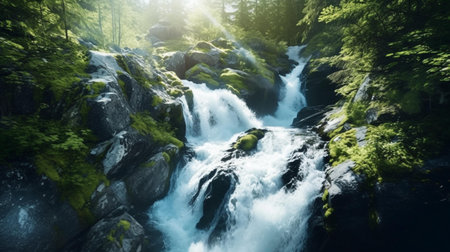 Panoramic view of a mountain river flowing through the forest.の素材