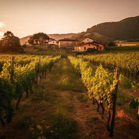 Vineyard in Tuscany, Italy, at sunset.の素材