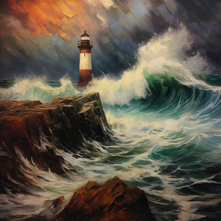 Digital painting of a lighthouse in the middle of the sea. Artwork in oil on canvas.の素材