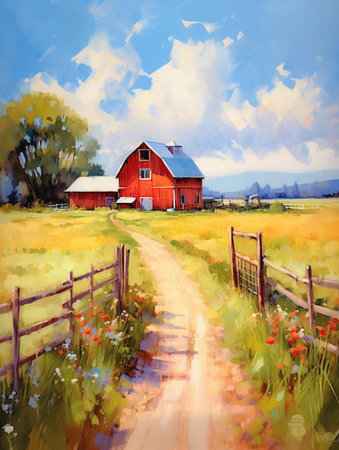 Watercolor painting of a red barn in rural landscape during summer.の素材