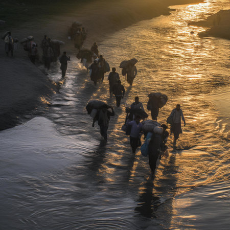 People walking on the beach in the evening at sunset, India.の素材