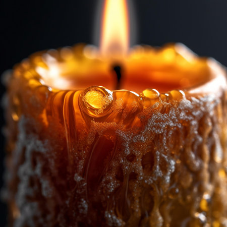 Close-up of a burning wax candle on a black background.の素材