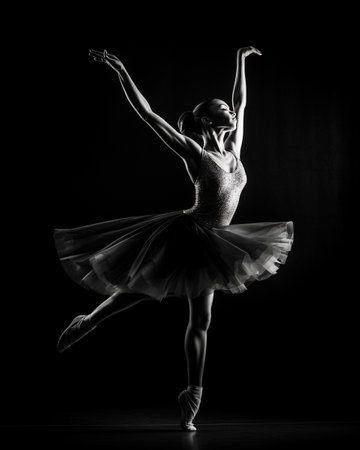 Young beautiful ballerina dancing in the studio on a black backgroundの素材