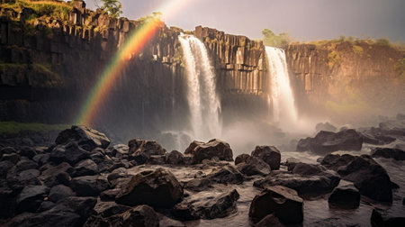 Rainbow over Victoria Falls, Zambezi River, Zimbabwe, Africaの素材