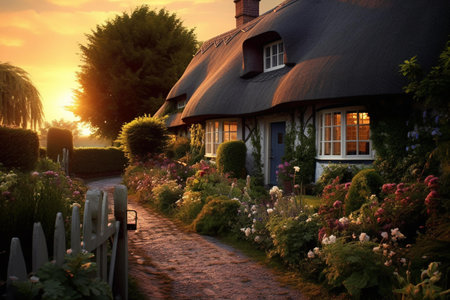 Beautiful cottage in the garden at sunset. Rural landscape with cottage.の素材