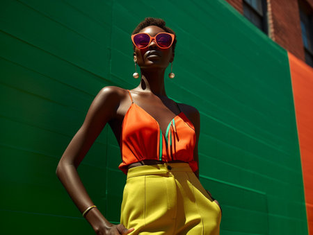 Fashionable female mannequin in orange swimsuit and sunglasses on the background of a green wallの素材