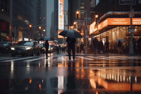 Rainy day in the city. A man with an umbrella walks along the street.の素材