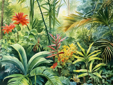 Watercolor painting of tropical plants and flowers in the botanical gardenの素材