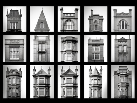 Black and white photo collage of old building in the city.の素材