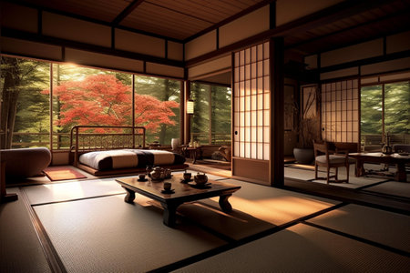 Japanese style living room with a view of the garden in the background.の素材