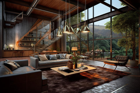 3D rendering of a living room in a modern house with a beautiful viewの素材