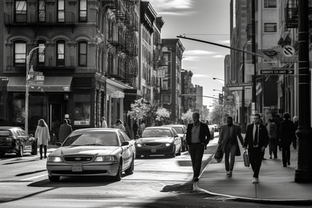 Black and white image of people walking in the streets of New York City.の素材