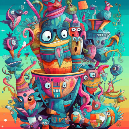 Cartoon vector illustration of Cute funny monster. Colorful backgroundの素材