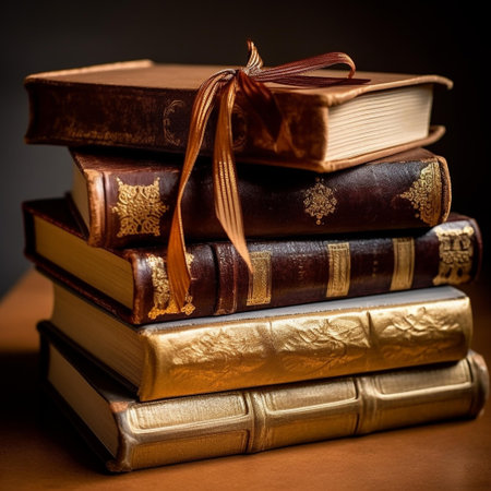 Stack of old books on wooden table. Selective focus. Toned.の素材