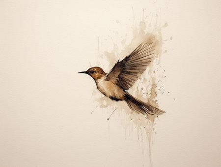 Watercolor painting of a bird on a white background. The bird is flying.の素材
