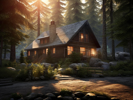 Beautiful wooden house in the forest at sunset. 3D renderingの素材