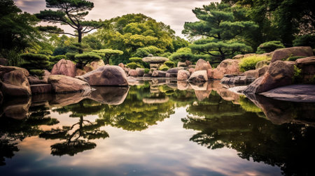 Japanese garden with pond, stone and tree reflection in the water.の素材