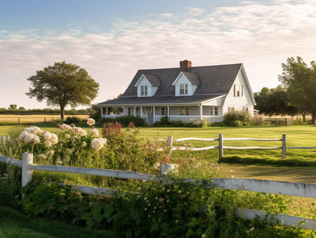 Beautiful farm house with white fence and flowers in the foreground.の素材