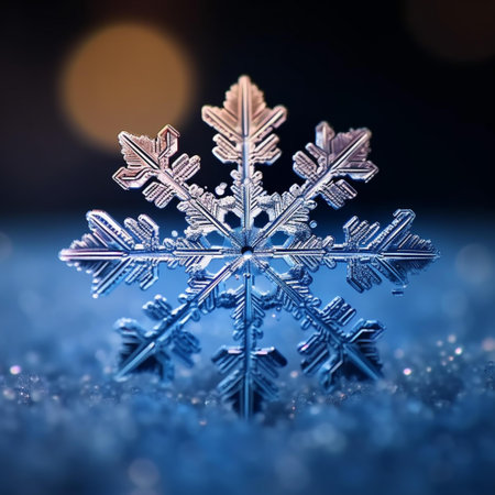 Snowflake on snow background with bokeh effect. 3d renderingの素材