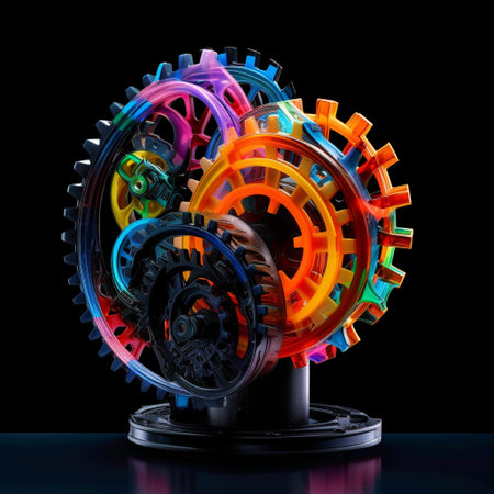 Colorful gear wheel on black background. 3d render illustration.の素材