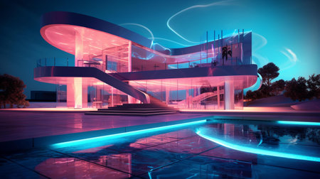 Modern building with blue lights and reflection on the floor. 3d renderingの素材