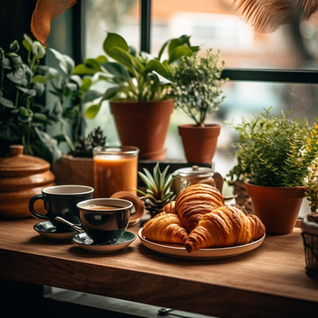 Breakfast with coffee and croissants on table in cafe.の素材