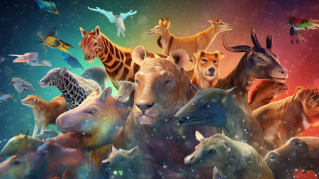 Group of wild animals in a wildlife scene. 3D illustration.の素材