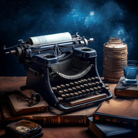Vintage typewriter and old books on a dark background. Retro style.の素材