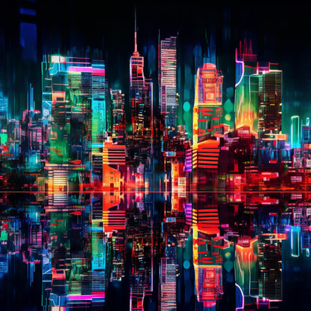 Night cityscape with skyscrapers and neon lights. 3D renderingの素材
