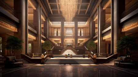 3D rendering of the interior of a Japanese temple in the eveningの素材