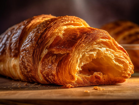 Fresh croissant on a wooden cutting board. Toned.の素材