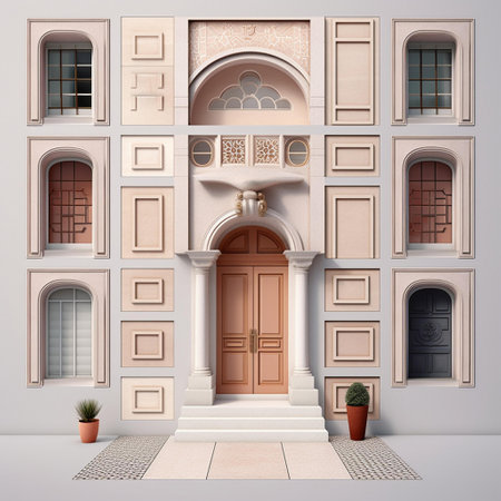 3d render of a facade of a building with arched doorsの素材