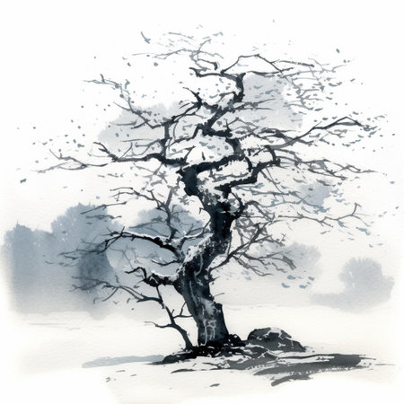 Black and white illustration of a tree in a winter landscape with snowの素材