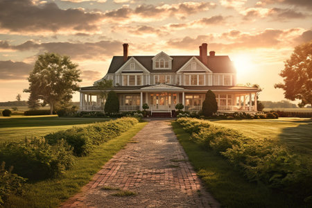 Luxury house in the park at sunset. Vintage style.の素材